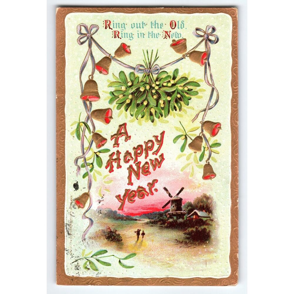 Vintage New Year Postcard with Bells & Mistletoe, Windmill Scene, Germany